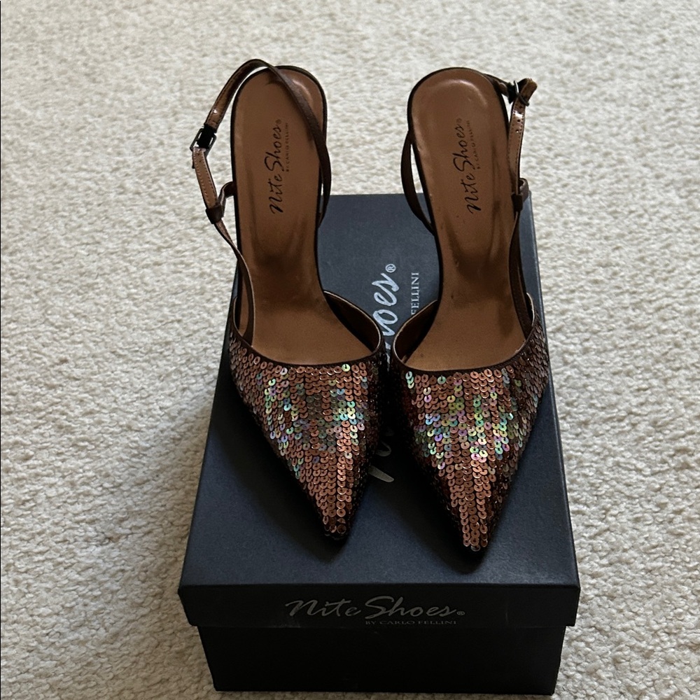 Nite Shoes Sequin Slingback Heels - Brown